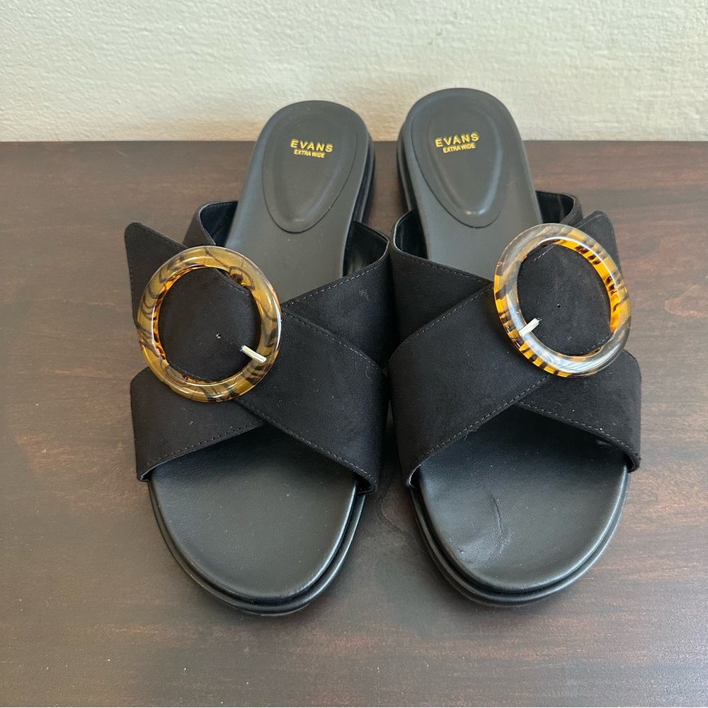 Evans Black  Extra Wide Slide Open Toe Faux Suede Buckle Sandals Size 11 - Picture 2 of 11